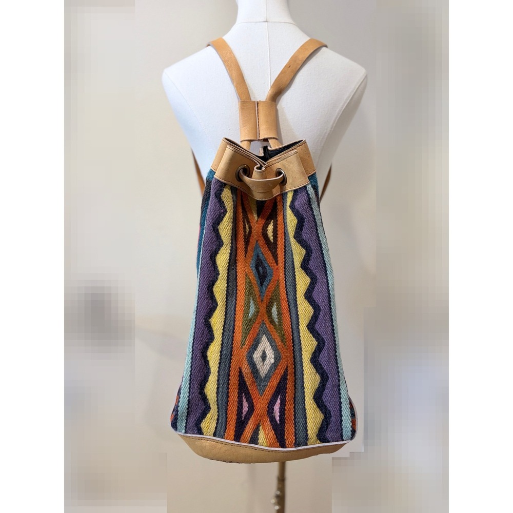Vintage Multicolor Woven Wool Leather Trim Bohemian Rucksack